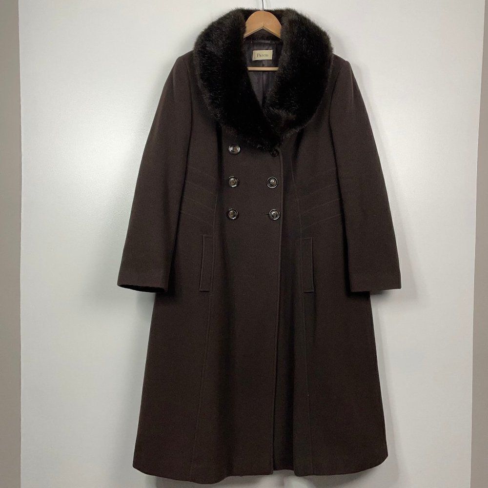 Precis  Cashmere Wool Blend  Long Pea Coat Jacket  Fur Collar (Removable) 14
